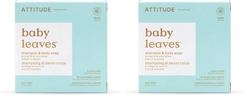 Image of ATTITUDE Plastic-Free Shampoo and Body Soap Bar for Baby, EWG Verified, Dermatologically Tested, Vegan, Sweet Almond, 3 Ounces (Pack of 2)