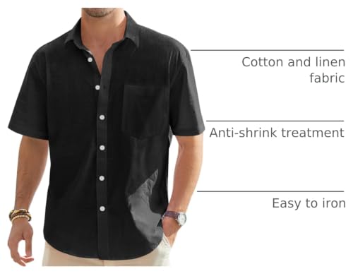 Image of J.VER Mens Linen Shirt Short Sleeve Button Down Casual Summer Shirts | Cotton Linen, Untucked, Big Tall, from Beach Camp Vacation, Cruise Fishing, Work Office, to Wedding Party Family, with Pocket
