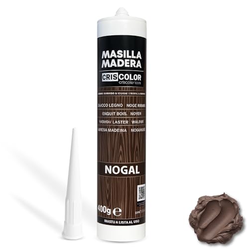 Masilla Madera Nogal, Ideal para rellenar y y reparar madera al interior, Masilla lista al uso, Rellenadora de agujeros, Formato cartucho para pistola, Color Nogal, Contiene 400 gramos