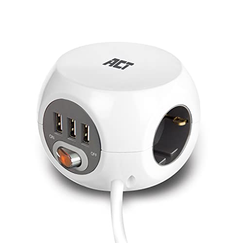 ACT uttagskub med USB, Powercube 3 USB-A-kontakt (2,4 A/12 W) med strömbrytare, 3-vägs uttag, inkl. självhäftande dyna för kök, kontor, vardagsrum, kabellängd 1,5 m, färg vit – AC2405