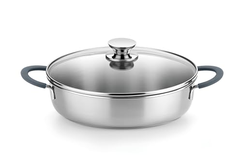 BRA COOKWARE Master Sauté Pan w/Glass Lid | 11 inches - 4 quarts Professional Low Casserole | Stainless Steel Sauté Pan | All Stovetop Compatible - Full Induction | PFAS Free | Shiny Finish