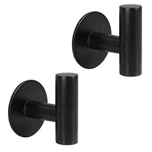 Bathroom Matte Black Towel Hook, Adhesive Hooks Heavy Duty SUS 304 Stainless Steel Single Coat Robe Clothes Hook for Bath Kitchen Contemporary Hotel Style 2 Pack