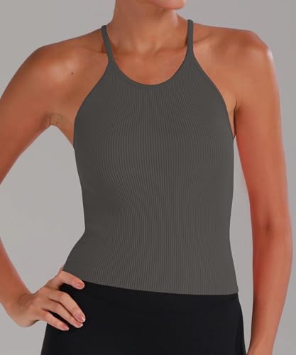 Image of Sunzel Ribbed Crop Tank Top for Women Seamless Racerback Camisole | Buttery Soft Nylon Spandex, Opaque No See Through, Stays in Place, Unpadded, Slim Fit, No Shrink, Yoga Workout Gym Casual