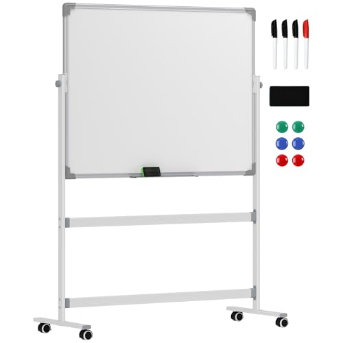 HOMCOM Tableau blanc magnétique double face, tableau blanc effacable rotatif mobile avec support, aimants, marqueurs, gomme et roulettes pour bureau à...