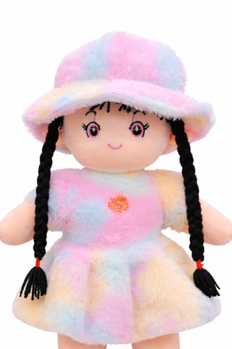 Image of Soft Plush Doll for Kids - Rainbow Pastel Stuffed Toy with Braided Hair & Hat - Cute Fabric Ragdoll for Girls, Toddlers & Babies - Soft Toys for Home Decor, Birthday & Return Gifts (42 cm)