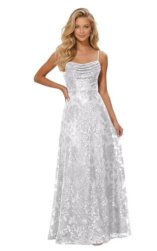 OAHGNIJ Spaghetti Straps Lace Sequin Prom Dresses for Women 2026 Long Sparkly Pleated Formal Evening...
