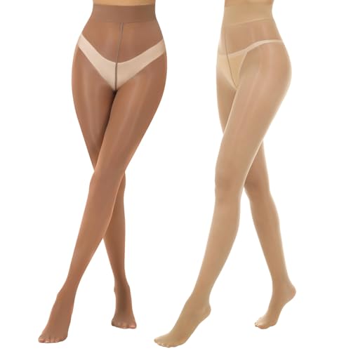Image of Shiny Pantyhose for Women High Waist Silk Oil Shimmer Sheer Tights | 2 Pairs Sheer Tights for Women 15D Pantyhose for Women