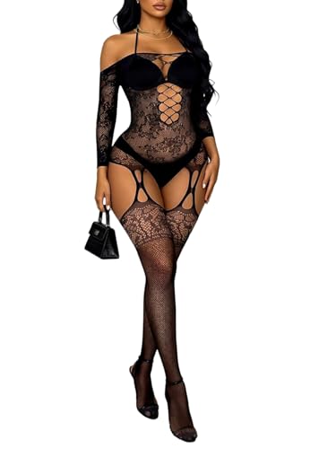 Buitifo Body de Malla para Mujer, Talla Grande, sin Entrepierna, Sexy, Ropa de Dormir Suave, lencería para Mujer(Negro JC,Talla única)