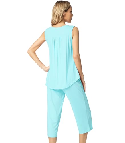 Image of NACHILA Pajamas for Women-Viscose Made from Bamboo, Sleeveless Pjs Top and Capri Pants Pajama Set Cool Pleated Sleepwear