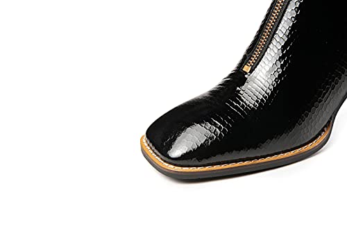 TinaCus Patent Leather Women's Handmade Chunky Heel Side Zip Up Square Toe Ankle Boots with Front Zipper Decor4