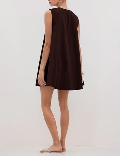 Image of Women Summer Sleeveless Babydoll Mini Dress Scoop Neck Loose Fit Tank Dresses Party Ruched Short Dress with Pockets