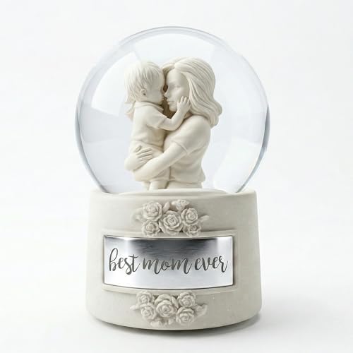 Mom Snow Globe Music Box, Wind-up Musical Water Globe with Mother and Son Figurine and Best Mom Ever Plaque, Mothers Day Birthday Gift for Mom from Daughter Son