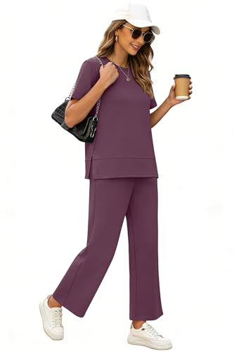 Image of XIEERDUO Women's Side Slit Lounge Sets 2026 Fashion 2 Piece Travel Outfits Cozy Loungewear Wide Leg Tracksuits S-3XL