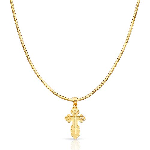 14K Yellow Gold St. Olga Greek Orthodox Baptismal Cross Religious Charm Pendant With 1Mm Box Chain Necklace - 20" #TOP8
