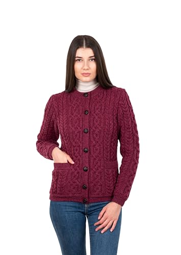 Image of SAOL 100% Merino Wool Ladies Irish Buttons Knit Cardigan Lumber Jacket with Pockets