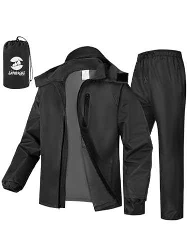 SaphiRose Men's Waterproof Rain Suit 2pcs/set Packable Rain Gear for Golf Motorcycle Fishing(Black,L)