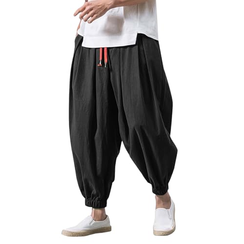 Kirakuco Pantaloni Giapponesi Uomo Leggeri Baggy Harem Pants Larghi Casual Pantaloni di Lino Estivo Traspirante Pantalone Giapponese Uomo Pantaloni Estivi Lunghi in Cotone e Lino da Yoga e Spiaggia