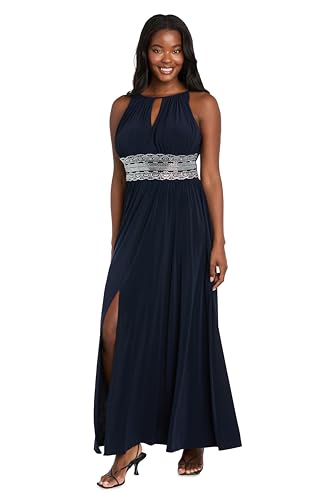 Image of R&M Richards Women's Halter Neck Dress W /Embellished Waistband & Front Slit - Elegant Evening Occasion Maxi Gown