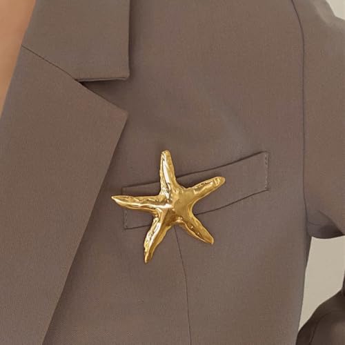 Image of Ocean Starfish Brooch Pin for Women Gold Plated Stainless Steel Fashion Sea Star Marine Style Brooches Lapel Pins Cute Dress Accessories Birthday Beachy Party Jewelry Gift