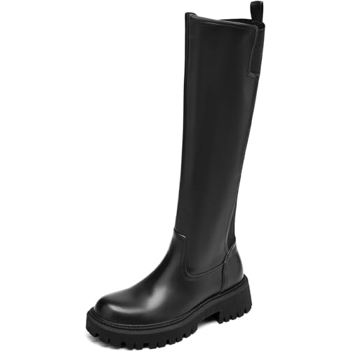 TEAIEUI Women's Knee High Boots Stretch Calf Chunky Heel Round Toe Platform Lug Sole Tall Boots for Women Side Zipper
