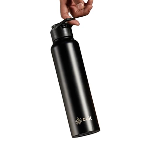 Image of CULT Steel Water Bottle 1 Ltr - Stainless Steel Water Bottle for School Kids, Men & Women | Leakproof Gym Sipper & Metal Fridge Bottle | Insulated 1 Litre Flask for Office & Travel (Black)
