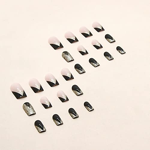 Medium Square Fake Nails French Press On Nails Glossy Glue On Nails Full Cover False Nails With Gradient Gold Glitter Design Black Gold Nail Tips Nude Artificial Fingernails Acrylic Nails For Women #TOP2