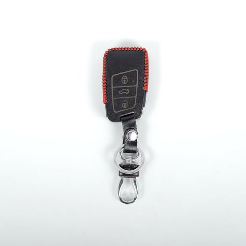 Image of Leather Smart Car Key Cover Case with Metal Hook Keychain Superb, Octavia, Jetta, Passat, Tiguan (Black)