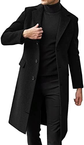 FSAHJKEE Mens Single Breasted Trench Coat Winter Wool Blend Pea Coat Oversized Warm Lapel Work Business Jacket Outerwear