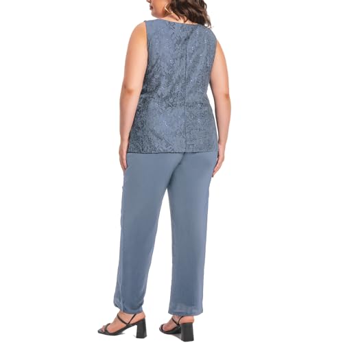 Plus Size Elegant Mother of The Bride Pant Suits Chiffon Pant with Women's Tank Top and Sequin Lace Jacket Evening Gown3