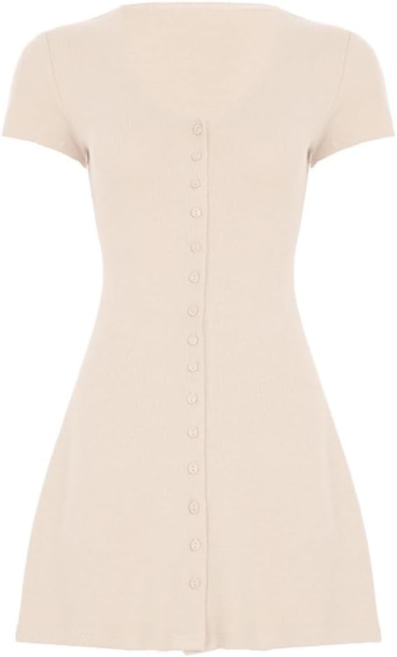 Women Elegant Button Down A-Line Knit Mini Dress V Neck Short Sleeve Solid Fit Flare Ribbed Knit Short Dress - Image 4