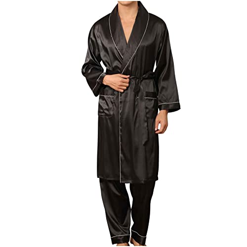 Mens Silk Pajamas Set Big and Tall Satin Robe Bathrobe Cardigan Sets Comfort Soft Sleep Pant Lounge