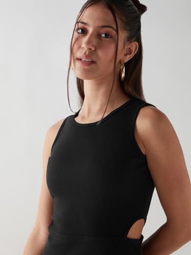 Image of Bewakoof Women's Above Knee Solid Slim Fit Sleeveless Round Neck Cotton Blend Bodycon Dress