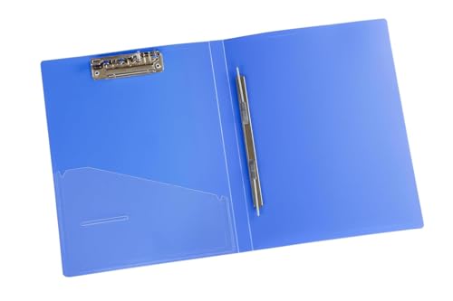 Worldone Twin Clip File with Half Pocket for Losse Papers, 0.8mm PP Sheet, High Tension Chrome Plated Spring Clip for Punched Hole Papers & Lever Clip for Punchless, Blue, FC, Pack of 3
