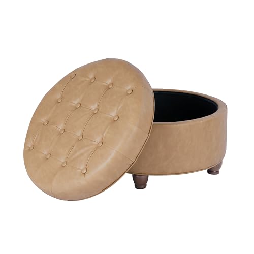 Image of HomePop 25 inch Button Tufted Round Storage Ottoman - Sand Faux Leather
