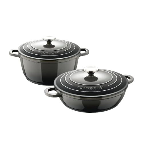 ExcalIBUR Kochtopf-Set mit einem Durchmesser von 20 cm - 2,4 l und einem niedrigen Kochtopf mit einem Durchmesser von 24 cm - 2,3 l aus Aluminiumguss, Grau Bergner