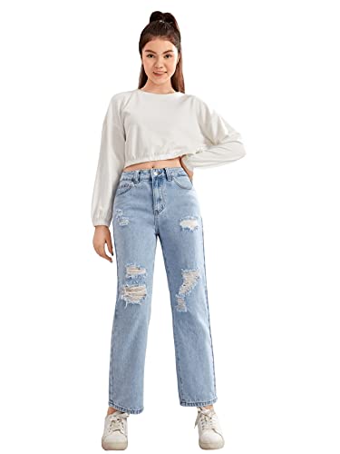 SweatyRocks Teen Girl's High Waisted Straight Leg Ripped Jeans Washed Denim Pants with Pockets3