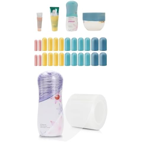 TRANOMOS 24 Pack Multi Sizes Silicone Bottle Covers for Travel and 1 Roll Elastic Leak Proof Flim, Travel Essentials, Cruise Ship Essentials Cover