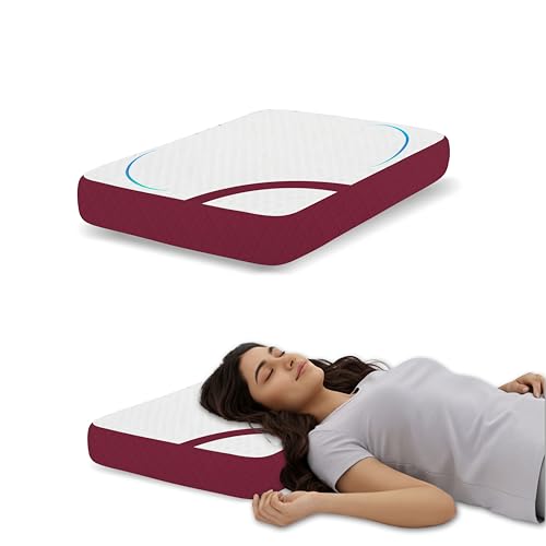 Image of Shredded Memory Foam Pillow, 66x38x12 cm Orthopedic Support for Neck Pain Relief, Breathable White and Maroon Jacquard Cover, Aligned Spine Bedding for Side and Back Sleeper