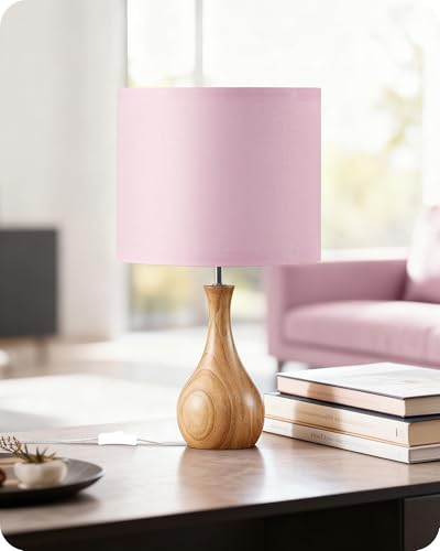 GOEBLESON Pink Table Lamp, 14.2" Small Bedside Lamp, Modern Nightstand Lamp with Pink Linen Lampshade & Wood Bottle-Shaped Base, E26 Socket, Cute Desk Lamp for Girl's Room, Bedroom, MP09TL05