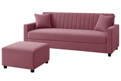 Image of Urban Decor 3 Seater Wooden Sofa Set with Matching Ottoman, Modern Channel Tufted Velvet Fabric Couch for Living Room-Rose Pink