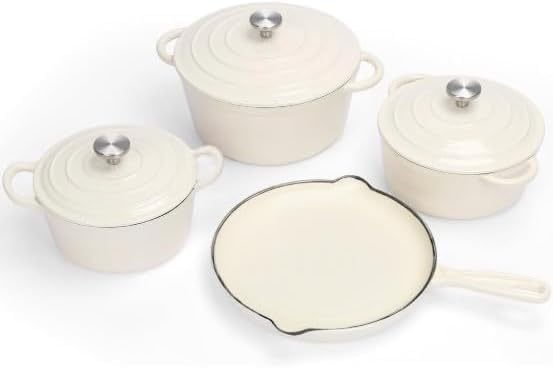 Chefs Choice 7-Piece Cast Iron Cookware Set – Enamel Coated Dutch Ovens and Skillet – Nonstick, Oven Safe Pots and Pans with Lids for Baking, Frying, Roasting, and Slow Cooking (White)