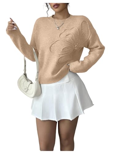 Image of RoseSeek Women's 3D Floral Appliques Crewneck Sweaters Long Sleeve Drop Shoulder Pullovers Elegant Knit Tops