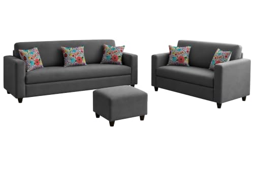Image of Rosebell 3+2 Fabric Sofa Set with Ottoman | Premium Upholstery 5-Seater Sofa | with Printed Cushions | Living Room Furniture |Grey-Color