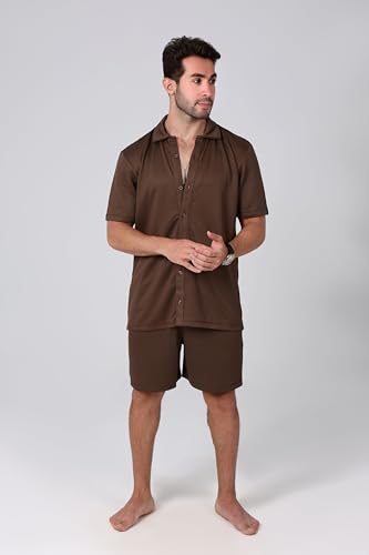 ALiVE Men's Pacific Short Sleeve Shirt with Shorts Linen Set, Size M - Brown