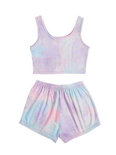 Image of SOLY HUX Women's Pajama Set 2 Piece Lounge Sets Summer Tie Dye Tank Tops and Shorts Sleepwear PJs Purple Tie Dye S