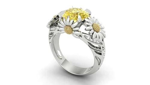Round Cut Simulated Yellow & Diamond 925 Sterling Silver Diamond Sunflower Design Wedding Engagement Ring for Women's In 14K White Gold Over2