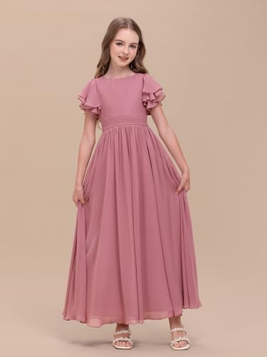 Chiffon Junior Bridesmaid Dress for Wedding A-Line Ruffle Sleeve Crew Neck Flower Girl Dress Long Formal Events Gowns3