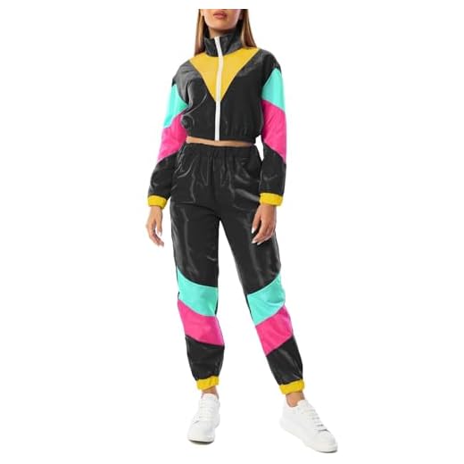 Yisfri Women's Vintage 80s 90s 2 Piece Outfit Retro Neon Full Zip Windbreaker Tracksuits Themed Party Joggers Set (Medium, Black)