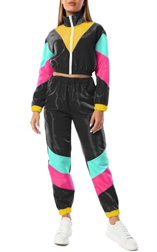 Yisfri Women's Vintage 80s 90s 2 Piece Outfit Retro Neon Full Zip Windbreaker Tracksuits Themed Party Joggers Set (Small, Black)