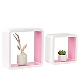 Homewell Set of 2 Cube Floating Shelves, Wood Wall Shelves for Home Decoration, Storage Display Rack, White+Pink.